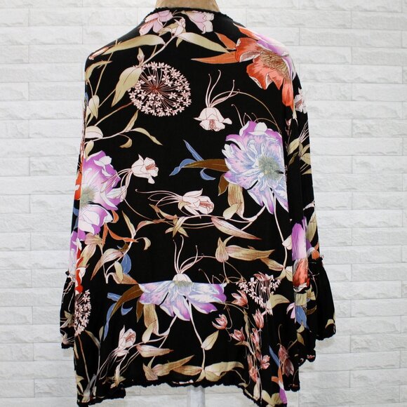KNOX ROSE Top Jacket Open Front Tie Floral Ruffle Peplum Swimsuit Cover Black XL - Picture 5 of 13